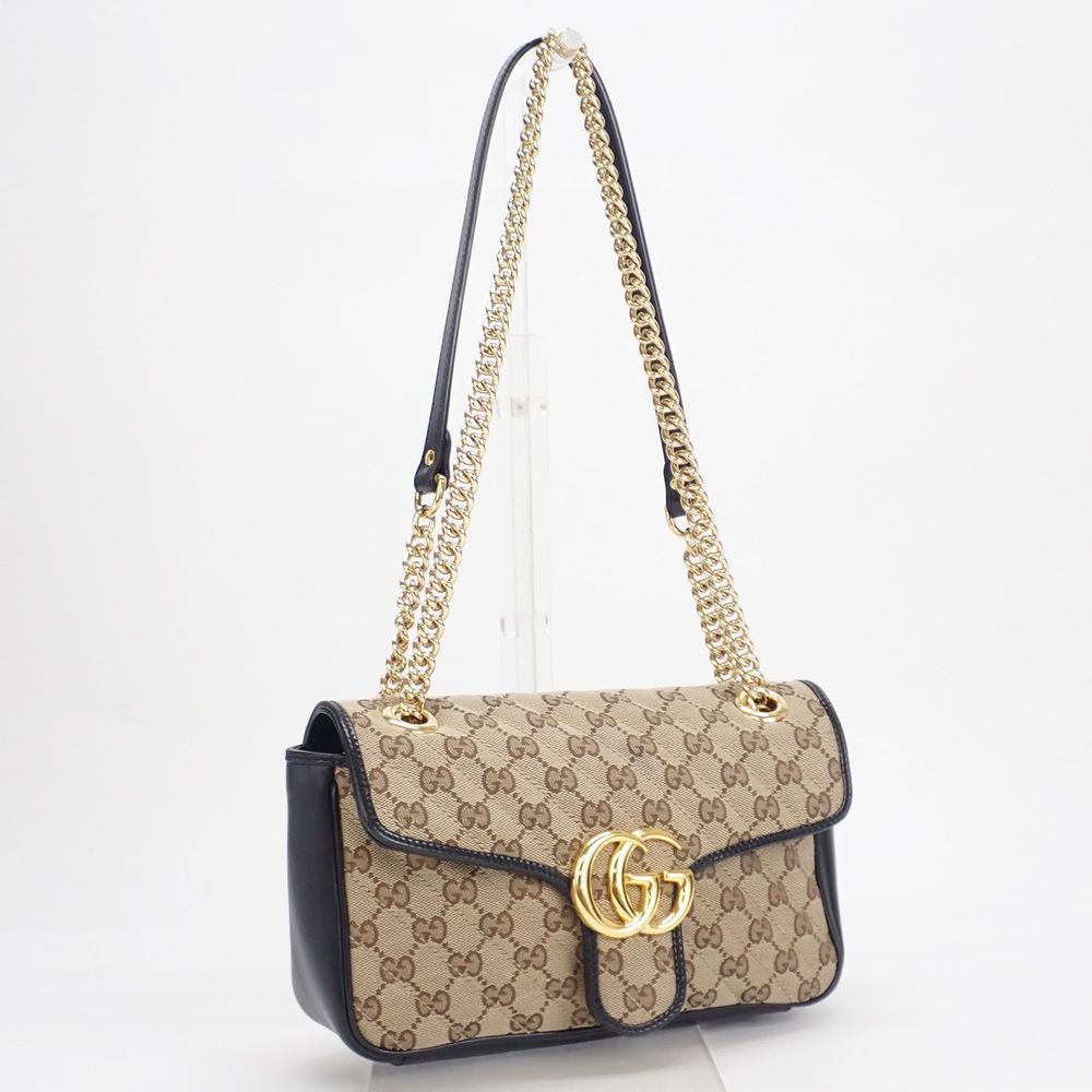 Gucci GG Marmont Small Shoulder Bag Canvas Leather Beige x Ebony